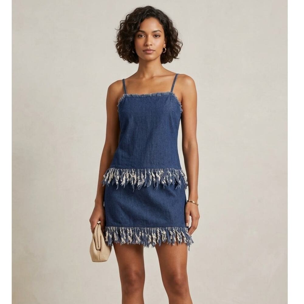 N/Nicholas Mini Dress Size 2 Blue Playful Denim Fringes Dark Wash Contemporary